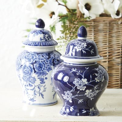 Lidded Floral Ginger Jar Navy