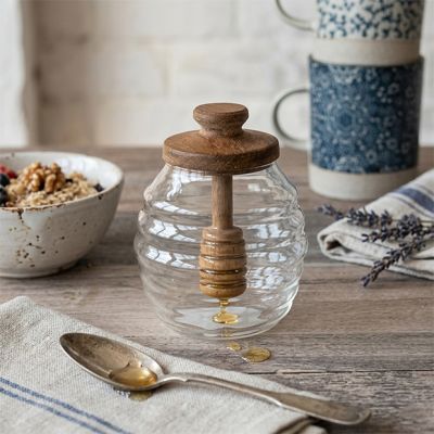 Lidded Glass Honey Jar with Natural Wood Dipper