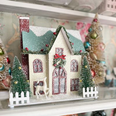 Light Up Glittered Paper Village House 9.5 inch