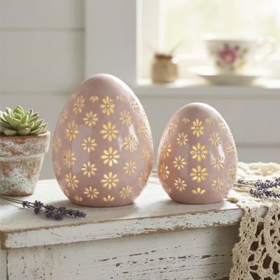 Lighted Porcelain Pink Easter Egg Set of 2