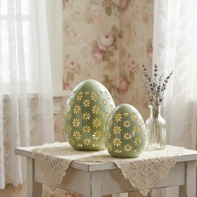 Lighted Porcelain Green Easter Egg Set of 2