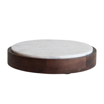 Mango Wood and Marble Round Decorative Tray Set of 2