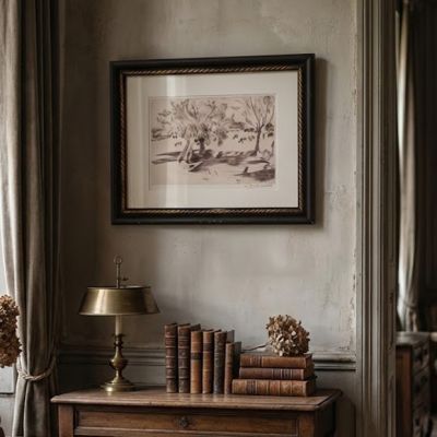 Matted Homestead Sketch In Wood Frame
