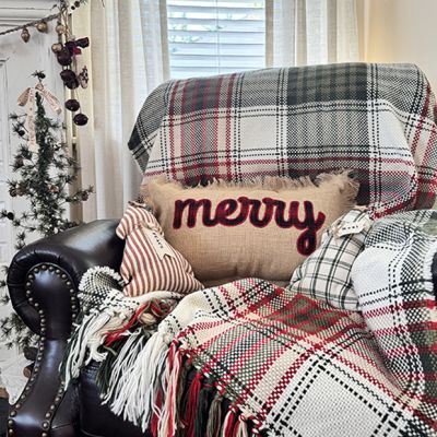 Merry Fringed Embroidered Christmas Accent Pillow