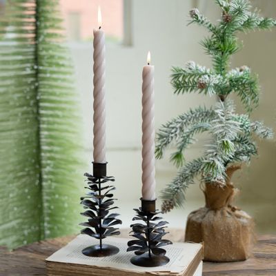 Metal Pinecone Taper Holder Set of 2