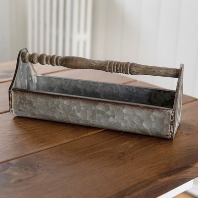Metal Trough Tray With Wood Spindle Handle