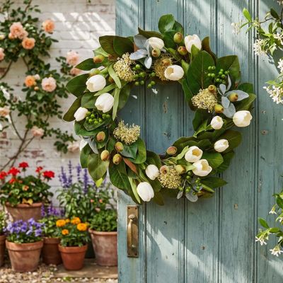 Mixed Faux Greenery and Tulips Wreath