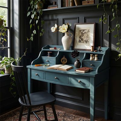 Modern Elegance Pine Wood Writing Desk Slate Teal