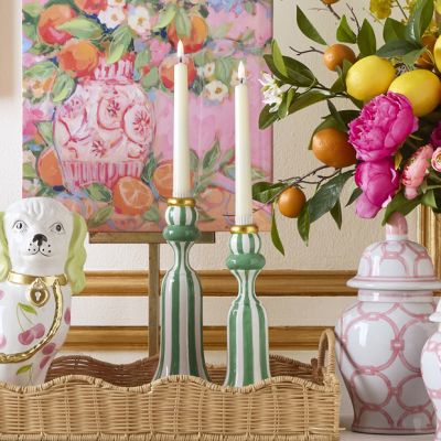 Modern Green Stripe Candle Holders Set of 2