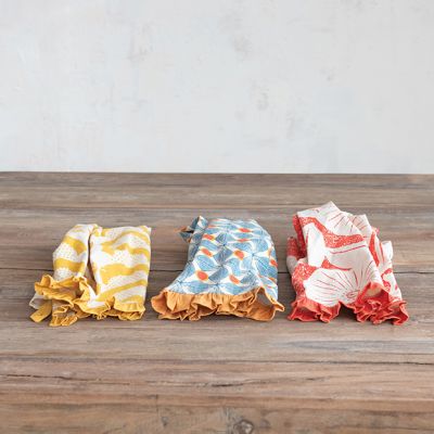 Modern Print Ruffled Cotton Tea Towels Set of 3