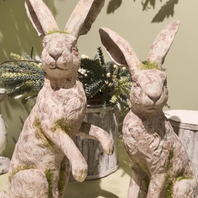 Mossy Flocked Bunny Statue Set of 2