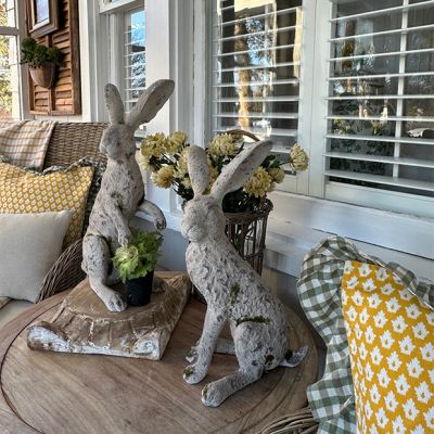 Mossy Flocked Bunny Statue Set of 2