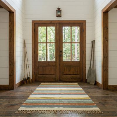 Multicolor Striped Casual Jute Fringed Accent Rug