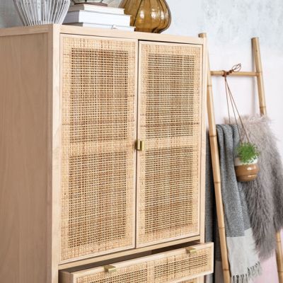 Natural Farmhouse Cane and Beach Wood Cabinet