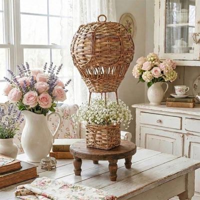 Natural Rattan Hot Air Balloon Tealight Holder with Insert