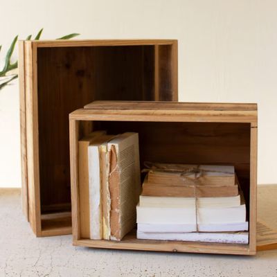 Natural Wood Slatted Crates Set of 2