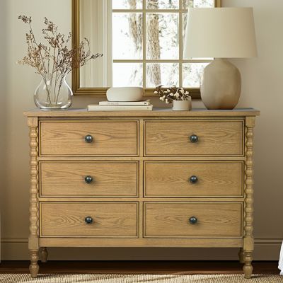 Natural Wood Turned Leg 6 Drawer Chest