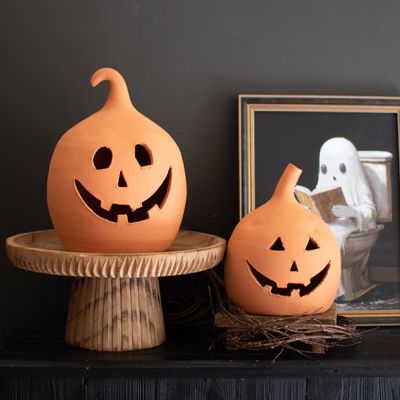 Orange Terracotta Smiling Jack O Lanterns Set of 2