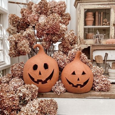 Orange Terracotta Smiling Jack O Lanterns Set of 2