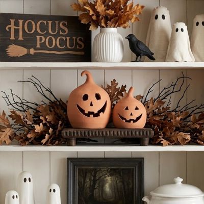 Orange Terracotta Smiling Jack O Lanterns Set of 2