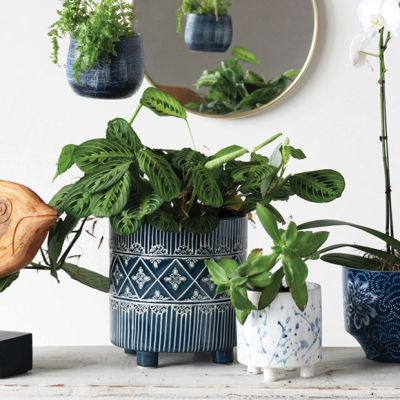 Ornate Pattern Stoneware Footed Planter