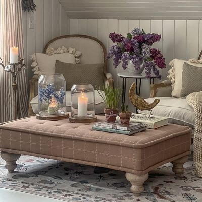 Oversized Fawn Plaid Upholstered Ottoman