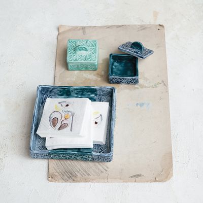 Painted Blues Lidded Salt Box Set of 2 With Matching Napkin Holder