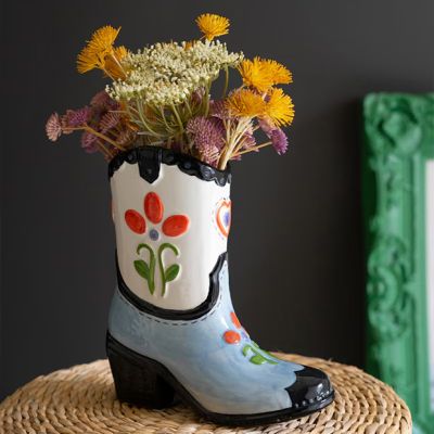 Painted Ceramic Cowboy Boot Vase