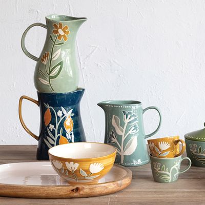 Painted Floral Stoneware Pitcher