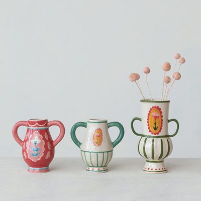 Painted Flower Stoneware Vase With Handles Set of 2