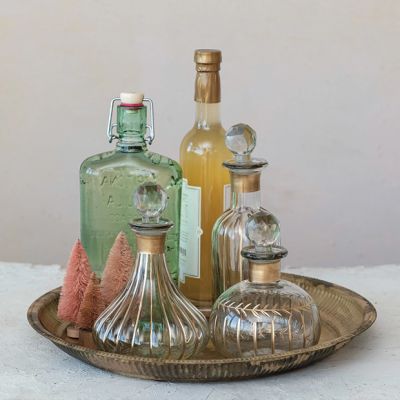 Painted Gold Stripe Glass Decanter With Stopper Set of 3