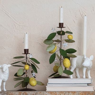 Painted Lemons and Leaves Taper Holder Set of 2