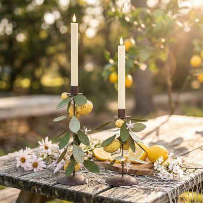 Painted Lemons and Leaves Taper Holder Set of 2