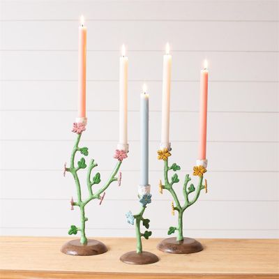 Painted Metal Flower Branch Candle Holder Set of 3
