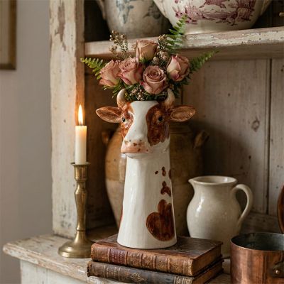 Painted Stoneware Cow Vase