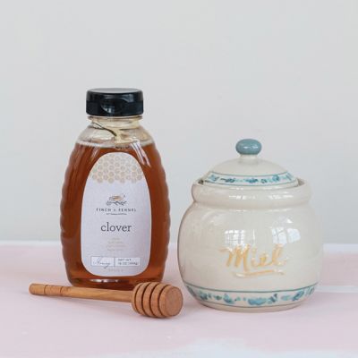 Painted Stoneware Lidded Miel Jar With Wooden Dipper