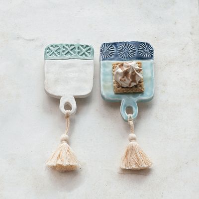 Painted Stoneware Tasseled Mini Tapas Board Set of 2