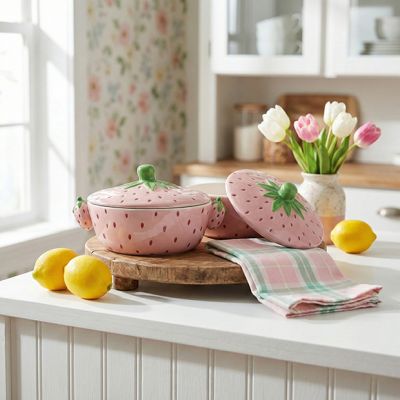 Painted Strawberry Stoneware Baker with Handles Set of 2