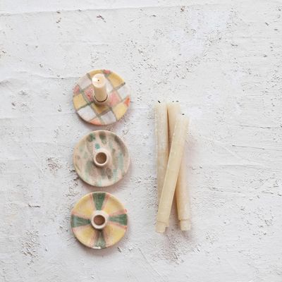 Painted Terracotta Taper Candle Holders Set of 3