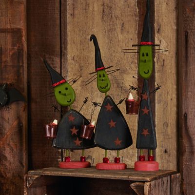 Painted Witch on Round Pedestal Set of 3