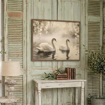 Pair Of Swans In Morning Mist Framed Wall Art