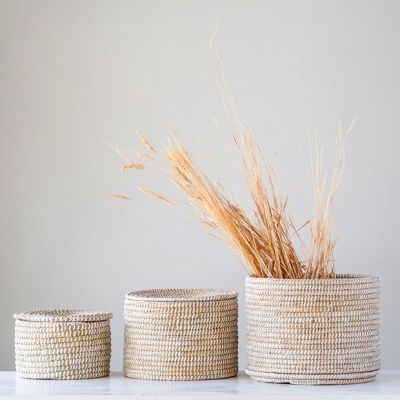 Pale Seagrass Baskets with Lids, Set of 3