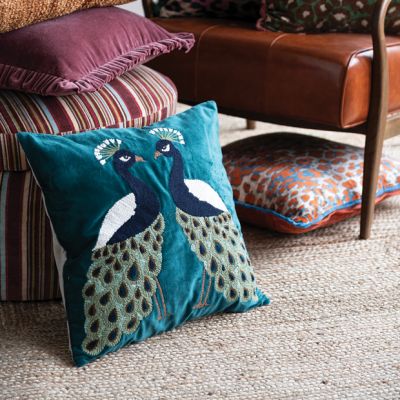 Peacock Pair Embroidered Velvet Accent Pillow