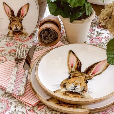 Pink Ear Bunny Decorative Wood Plate 8.5 Inch
