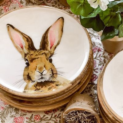Pink Ear Bunny Decorative Wood Plate 9.75 Inch