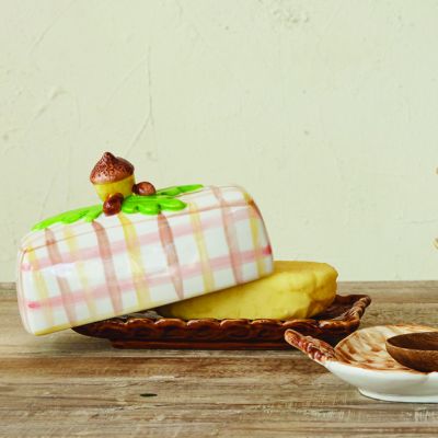 Plaid Pattern Stoneware Butter Dish With Acorn