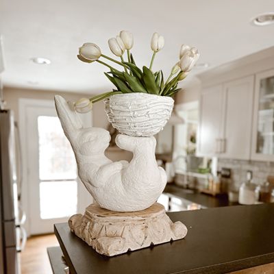 Playful Rabbit with Basket Faux Cement Container
