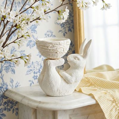 Playful Rabbit with Basket Faux Cement Container
