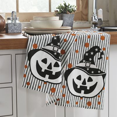 Playful Witch Pumpkins Striped Tea Towel Set of 2