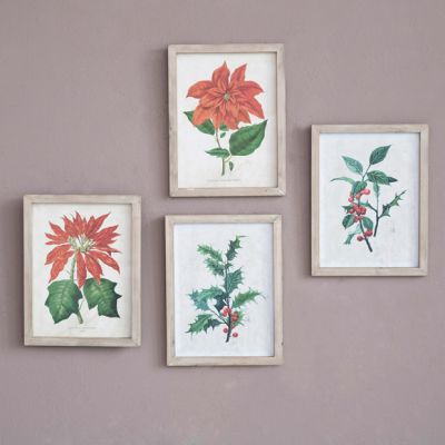 Poinsettia And Holly Branch Framed Wall Art Set of 4